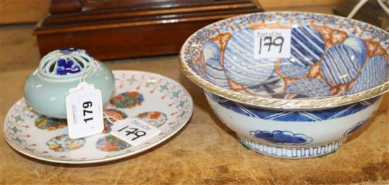 19th Century Japanese dish & large porcelain bowl, a Fukagawa green/blue porcelain incense burner(-)